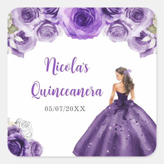 Bloemprinses in Donker Paarse jurk Quinceanera Vierkante Sticker (Voorkant)