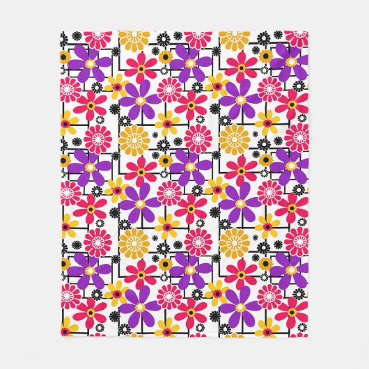 Bloemretro, heldere retro, floraal, rood en geel fleece deken (Voorkant)