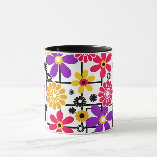 Bloemretro, heldere retro, floraal, rood en geel mok (Midden)