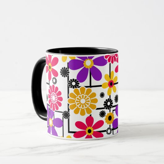 Bloemretro, heldere retro, floraal, rood en geel mok (Voorkant links)