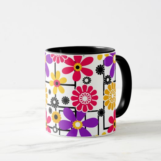 Bloemretro, heldere retro, floraal, rood en geel mok (Voorkant rechts)