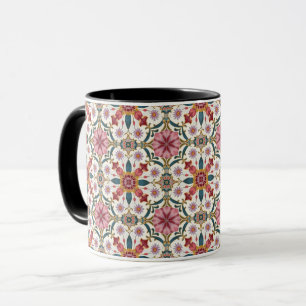 Bloemrijk Boho-patroon in rood, roze en turkoois Mok