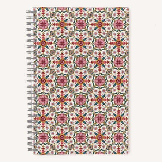 Bloemrijk Boho-patroon in rood, roze en turkoois Notitieboek (Voorkant)