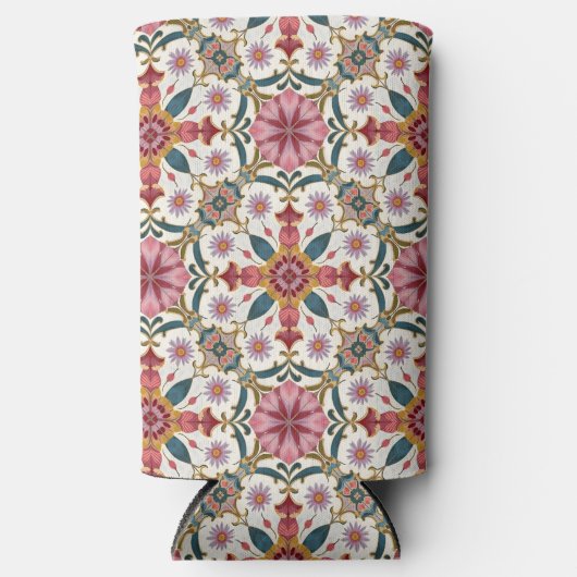 Bloemrijk Boho-patroon in rood, roze en turkoois Seltzer Blikjeskoeler (Voorkant)