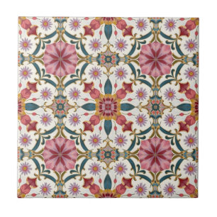 Bloemrijk Boho-patroon in rood, roze en turkoois Tegeltje