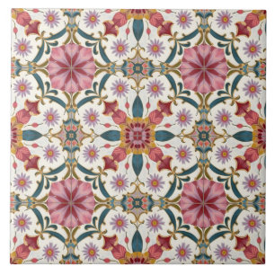 Bloemrijk Boho-patroon in rood, roze en turkoois Tegeltje