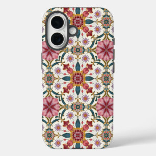 Bloemrijk Boho-patroon in rood, roze en turquoise iPhone 16 Hoesje