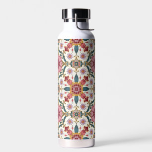 Bloemrijk Boho-patroon in rood, roze en turquoise Waterfles
