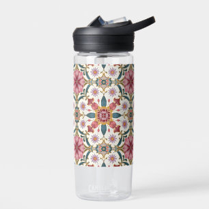 Bloemrijk Boho-patroon in rood, roze en turquoise Waterfles