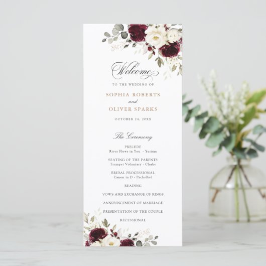 Bloemrijk Bruidsprogramma Burgundy Wit Groen Programmakaart (Staand voorkant)