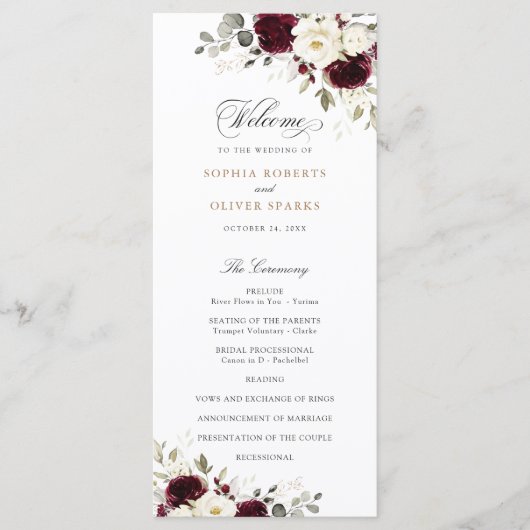 Bloemrijk Bruidsprogramma Burgundy Wit Groen Programmakaart (Voorkant)