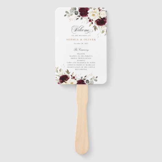 Bloemrijk bruine witte groene trouwprogramma handwaaier (Voorkant)