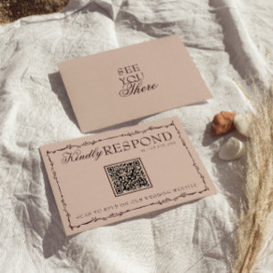 Bloemrijk Burgundy Beige Oud Geld QR Code Bruiloft RSVP Kaartje