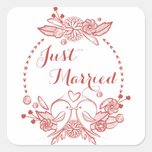 Bloemrijk Burgundy Net Getrouwd Rood Liefdesvogels Vierkante Sticker
