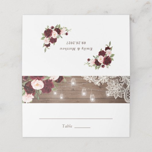Bloemrijk Burgundy Rustiek Houten Kant Lichten Bru Plaatskaartje (Buitenkant ongevouwen)