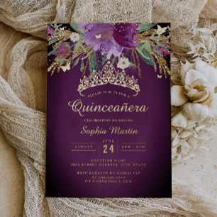 Bloemrijk Paars Goud Amethist Quinceanera Folie Uitnodiging