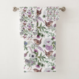 Bloemrijk Paars Groen Zangvogels Illustratie Bad Handdoek