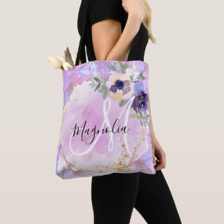 Bloemrijk paars, roze en gouden regenboog marmeren tote bag