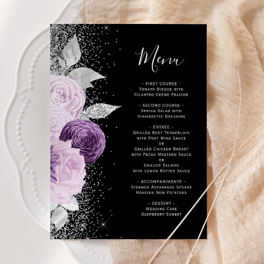 Bloemrijk Paars Zilver Glitter Zwart Bruiloft Menu