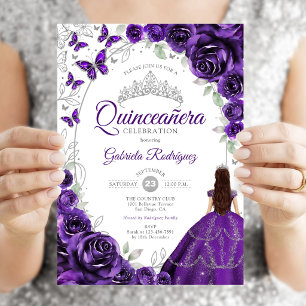 Bloemrijk Paars Zilver Quinceanera Kaart