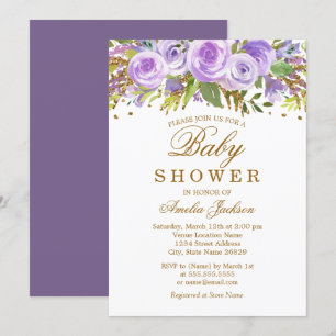 Bloemrijk paarse waterverf gouden babyshower kaart