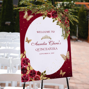 Bloemrijk Rode Gouden Tiara Vlinder Quinceañera Poster