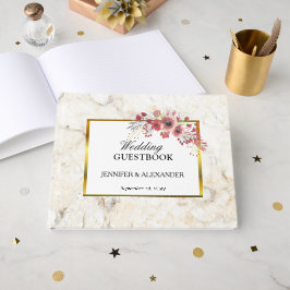 Bloemrijk rood roze aquarel witte marmeren Huwelij Gastenboek