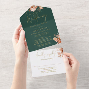 Bloemrijk smaragd en gouden details RSVP herfsttro All In One Uitnodiging