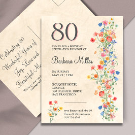 Bloemrijke 80ste verjaardag Elegant feest Uitnodiging Briefkaart