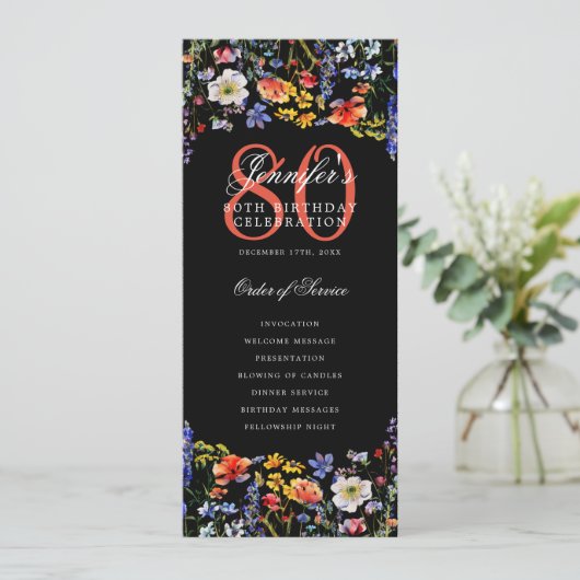 Bloemrijke 80ste verjaardagsprogramma menu dank je kaart (Staand voorkant)