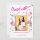 Bloemrijke Afstudeerfoto Roze Script Afstudeerfees Kaart (Voorkant)