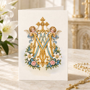 Bloemrijke Ave Maria Mariaans monogram katholiek Kaart