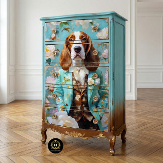 Bloemrijke Basset Hound in Turquoise Pak Decoupage Tissuepapier