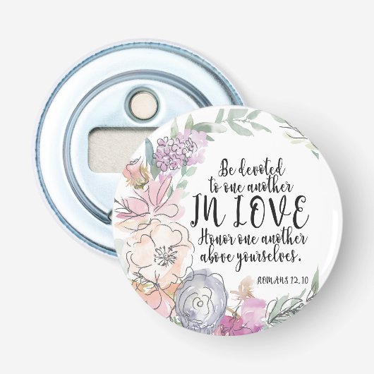 Bloemrijke Bijbeltekst Ronde Button Flesopener (Voorkant)