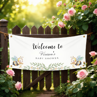 Bloemrijke Bijenkorven en Kleine Bij Baby Shower Spandoek