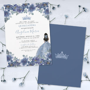 Bloemrijke Blauwe Quinceanera Uitnodiging