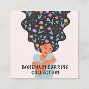 Bloemrijke boho-illustratie Oorbel Displaykaart Vierkante Visitekaartje