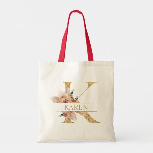 Bloemrijke Boho Pampas Gras Gouden Monogram Letter Tote Bag (Achterkant)