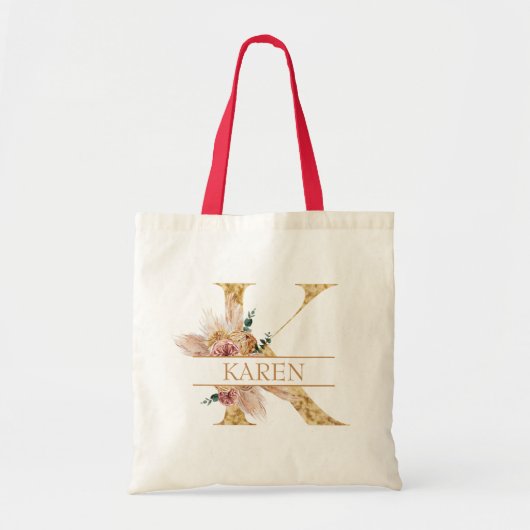 Bloemrijke Boho Pampas Gras Gouden Monogram Letter Tote Bag (Voorkant)