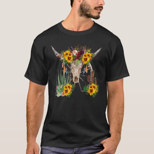 Bloemrijke Boho Stier Schedel Luipaard Woestijn Ca T-shirt (Voorkant)