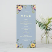 Bloemrijke Boho Stofblauwe Trouwmenu Menu (Staand voorkant)