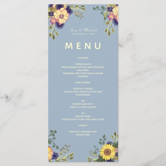 Bloemrijke Boho Stofblauwe Trouwmenu Menu (Voorkant)