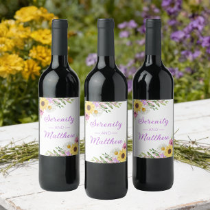 Bloemrijke Boho Zonnebloem Madelief Bruiloftsdouch Wijn Etiket
