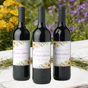 Bloemrijke Boho Zonnebloem Madeliefjes Bruidsdouch Wijn Etiket