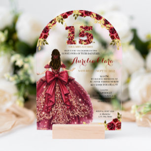 Bloemrijke Boog Rode Prinses Coquette Quinceanera Acryl Uitnodigingen
