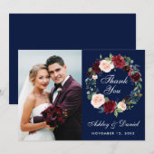 Bloemrijke bordeaux blauwe krans bruiloft foto bed bedankkaart (Voorkant / Achterkant)