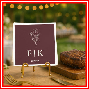 Bloemrijke bordeaux en ivoor Monogram bruiloft Servet