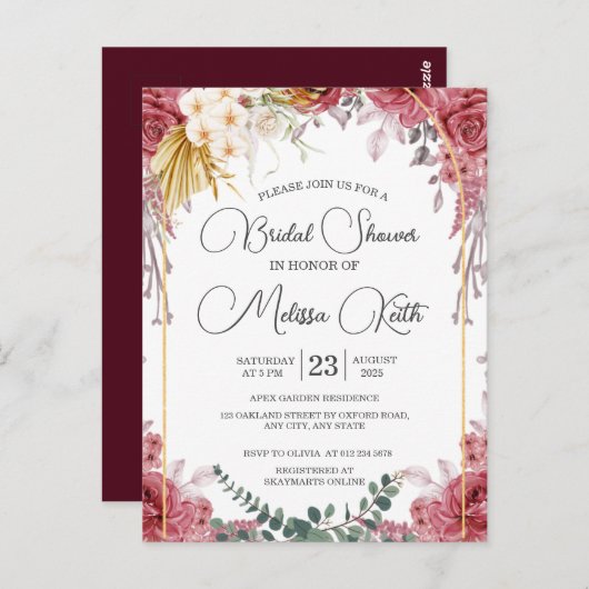 Bloemrijke bordeaux goud eucalyptus bruidsdouche briefkaart (Voorkant / Achterkant)