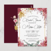 Bloemrijke bordeaux gouden eucalyptus bruidsdouche briefkaart (Voorkant / Achterkant)