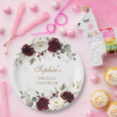 Bloemrijke bordeaux witte groene goud bruidsdouche papieren bordje (Feest)